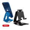 Support de téléphone de bureau en métal bleu tenant un iPhone verticalement.