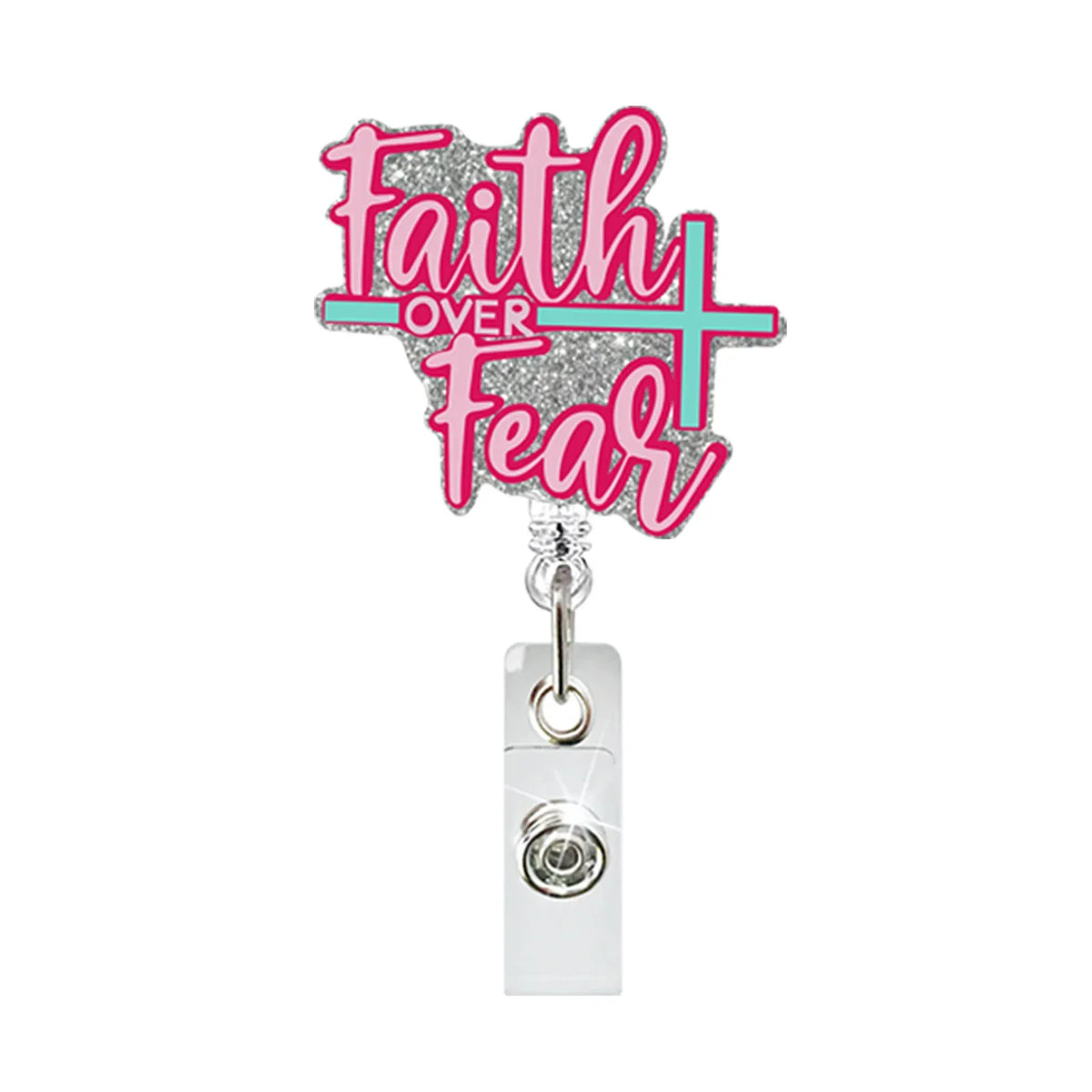 A pink and teal glittery acrylic necklace featuring the text Faith Over Fear.