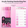 A set of six sweetheart pink acrylic painting handwriting pens with various colors and tips.
