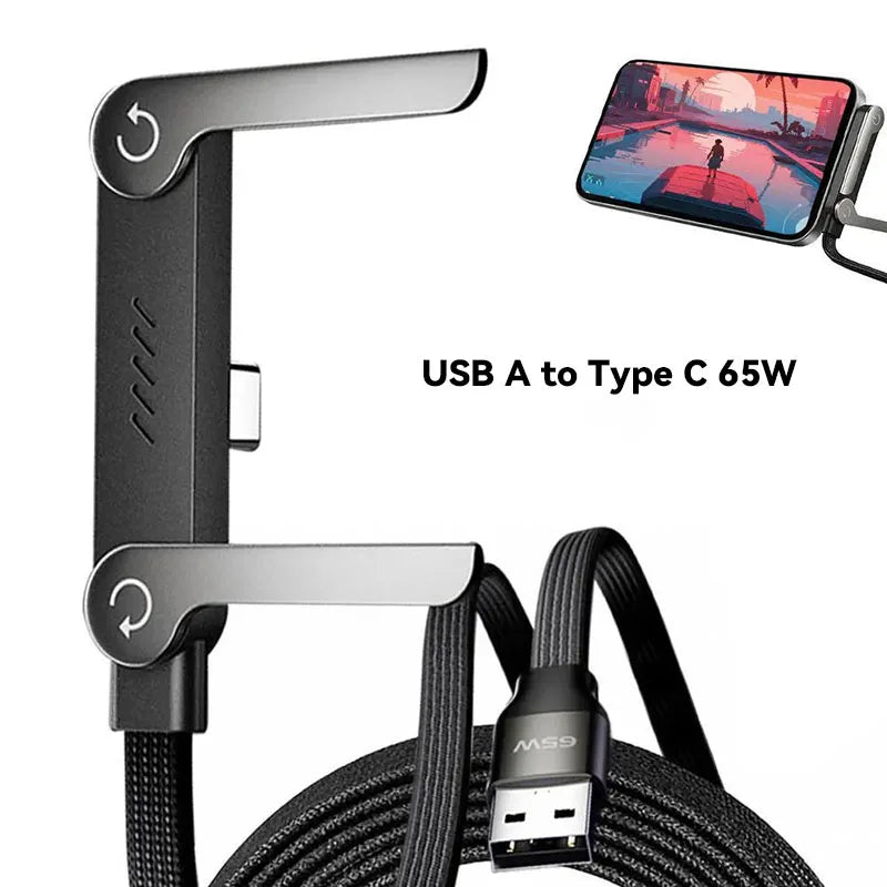 A black USB A to Type C 65W fast charging cable with an integrated stand for charging and data transfer.