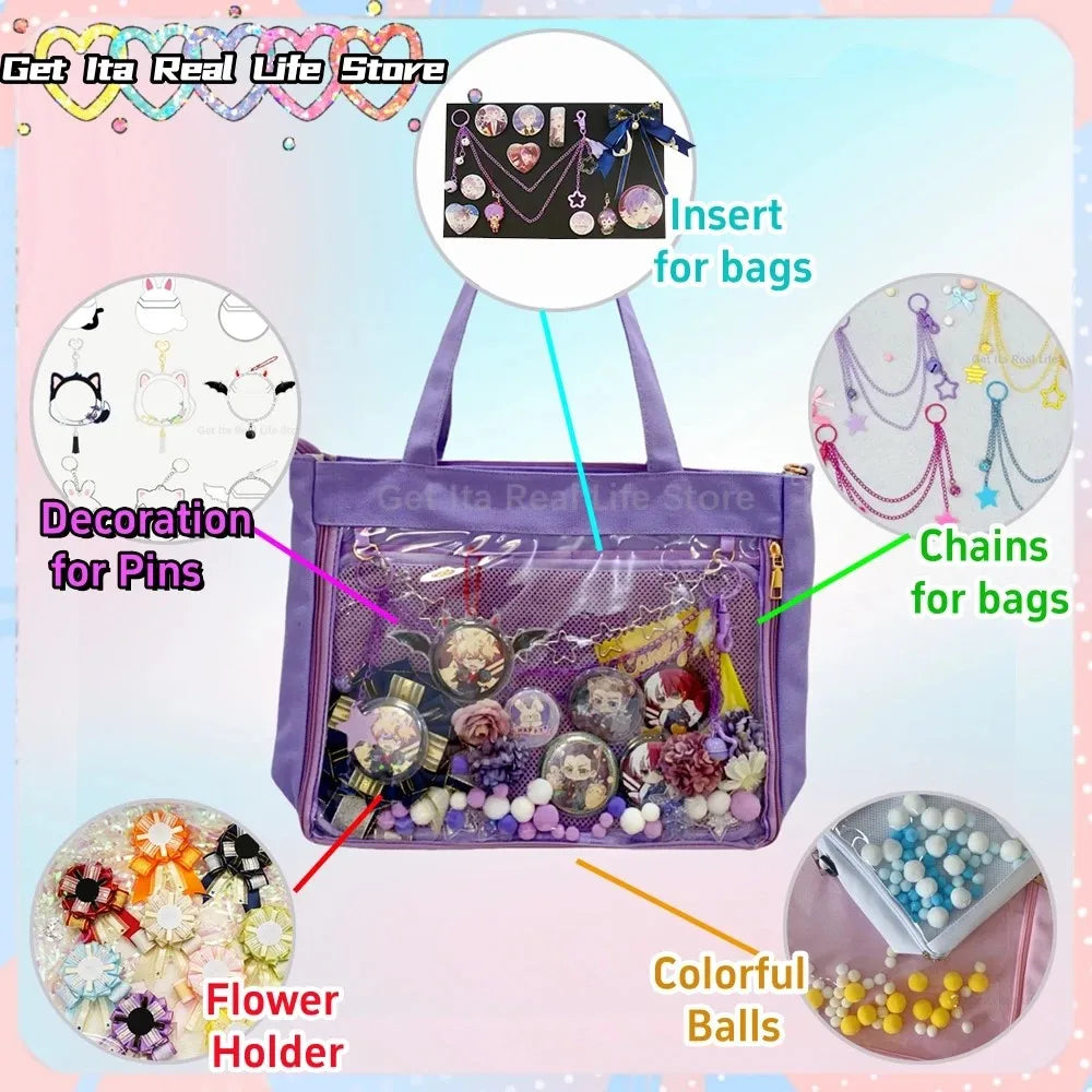 A purple mini clear bag decorated with various pins, chains, flower holders, and colorful balls.