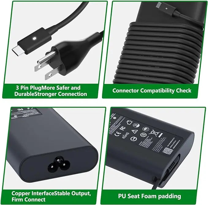 A black 130W USB-C laptop charger with a copper interface and PU seat foam padding.