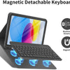 Teclado desmontable magnético con un iPad, destacando la distancia Bluetooth y las características magnéticas.