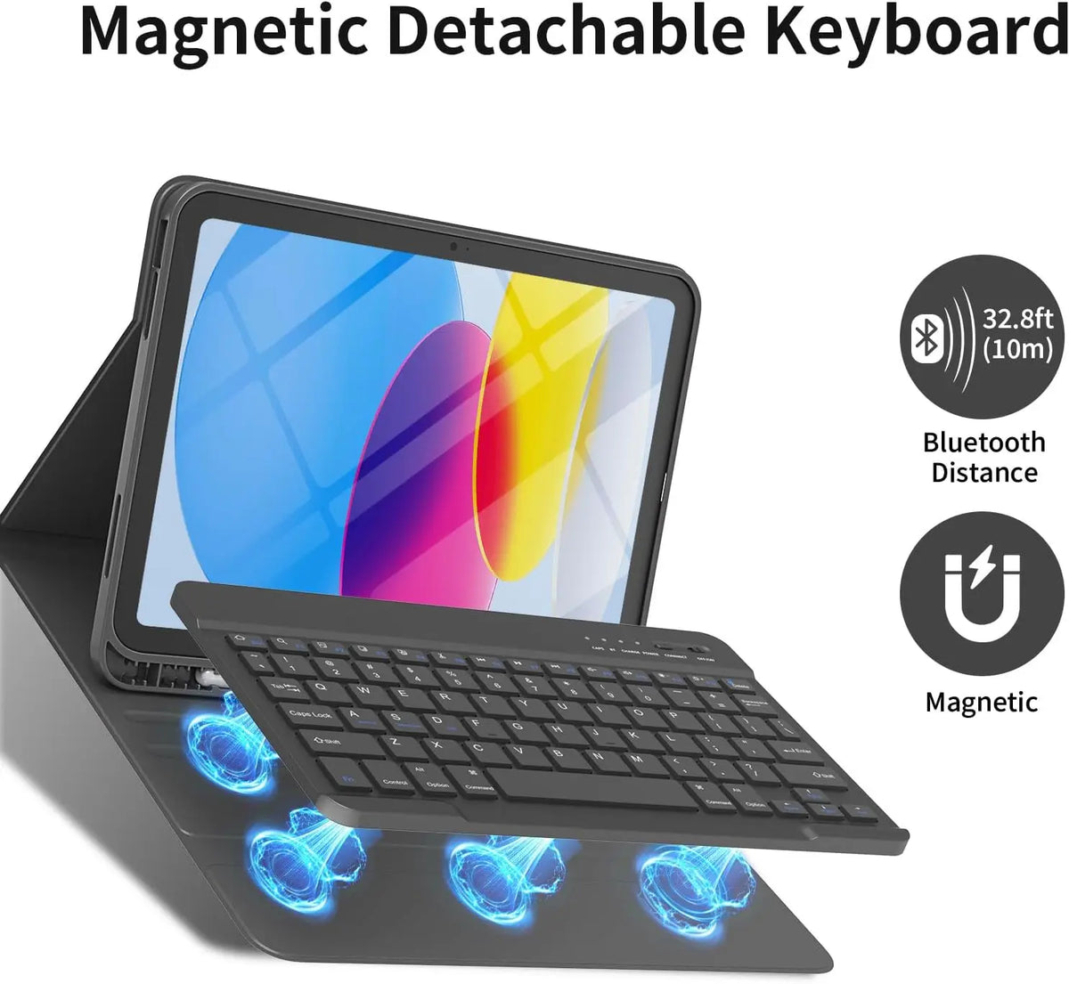 Teclado desmontable magnético con un iPad, destacando la distancia Bluetooth y las características magnéticas.