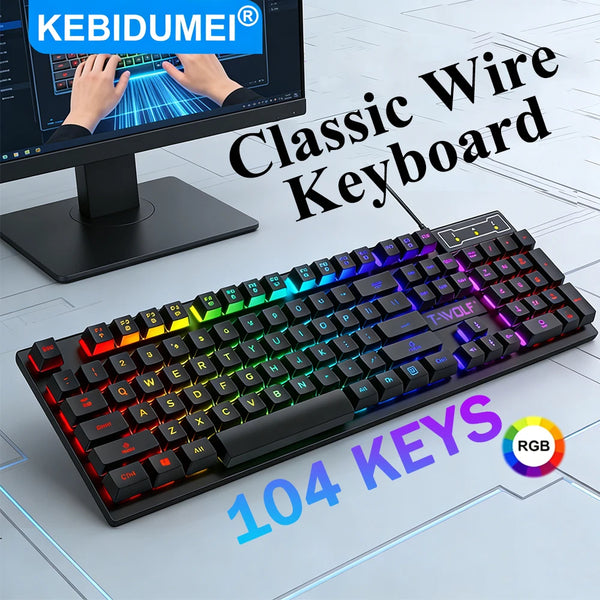 A close-up view of a black RGB wired keyboard with 104 keys resting on a gray surface.