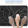 A hand is gliding a mouse across a black surface featuring white contour lines, demonstrating an ultra smooth surface.