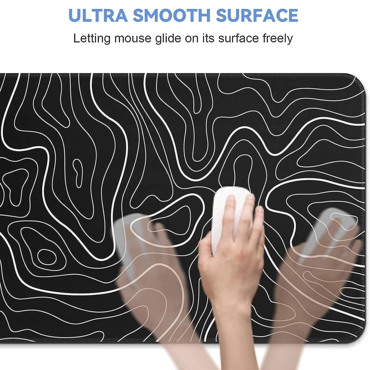 A hand is gliding a mouse across a black surface featuring white contour lines, demonstrating an ultra smooth surface.