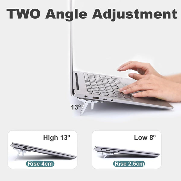 A laptop is shown with two angle adjustments, demonstrating a rise of 4cm at a high 13 degree angle and 2.5cm at a low 8 degr