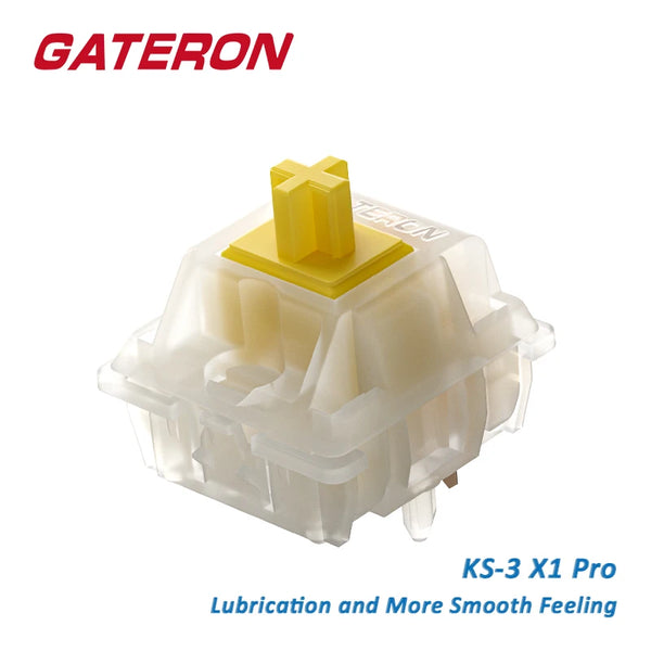 A clear plastic hot-swap mechanical keyboard switch with a yellow top and a visible logo.