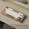 A close-up view of a mechanical keyboard with RGB backlight features and various function keys.