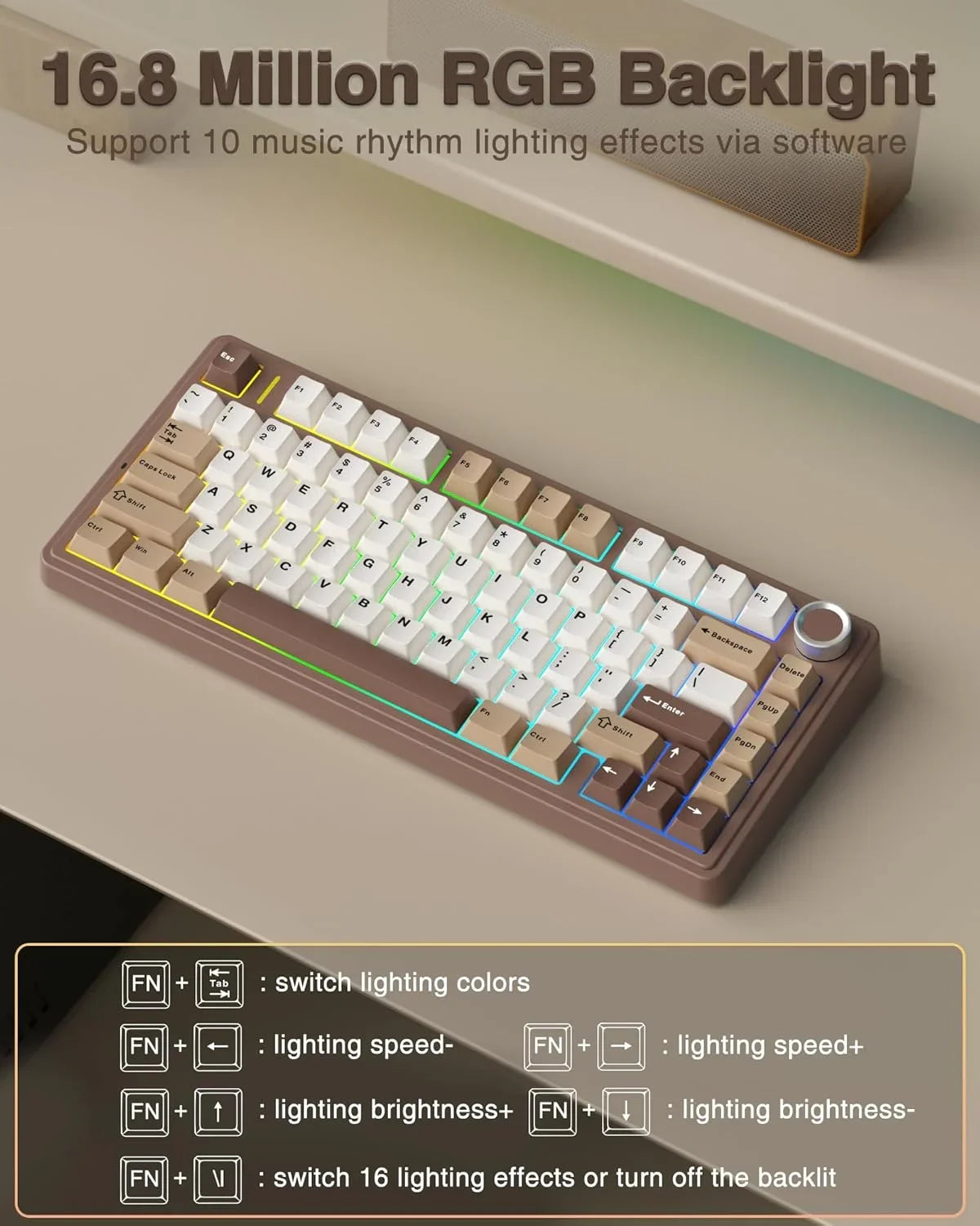 A close-up view of a mechanical keyboard with RGB backlight features and various function keys.