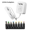 A set of 12V 2A+8 power adapters and various DC switching plugs are displayed.