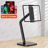 A black adjustable multi-angle stand for tablets and phones, shown next to various sized devices.