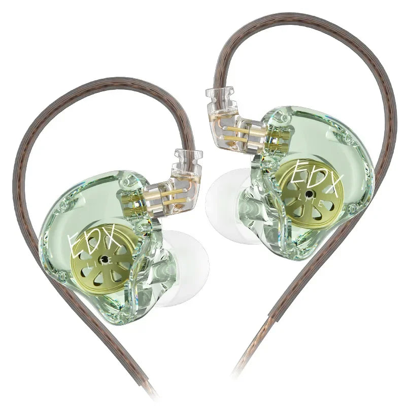 A pair of clear silicone in-ear monitors with gold accents and a brown flexible wire.