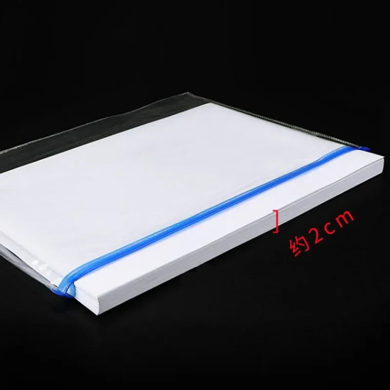 A transparent plastic document file organizer bag with a blue closure, showing a white document inside.