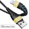A black and gold charging cable with a USB connector for iPod, iPhone, and iPad devices.