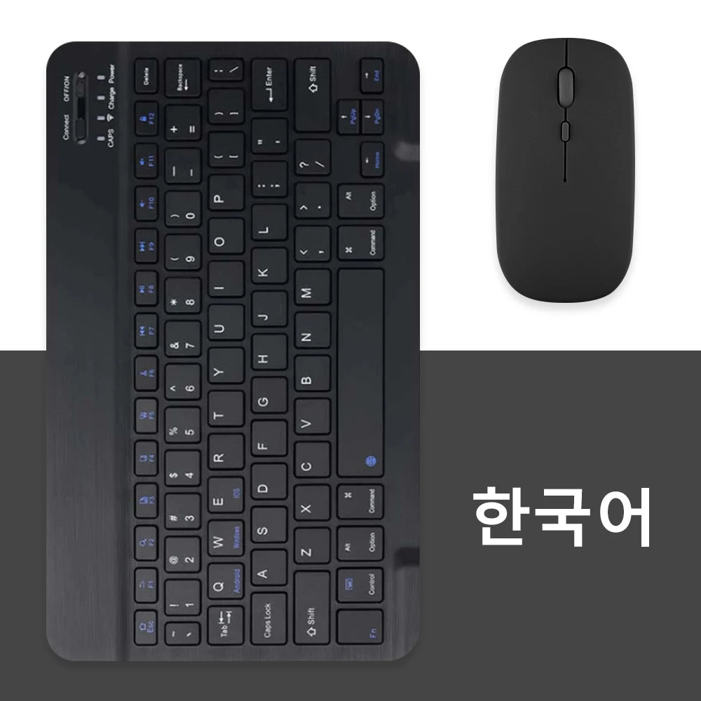 Combo clavier et souris Bluetooth universel noir à côté du texte coréen.