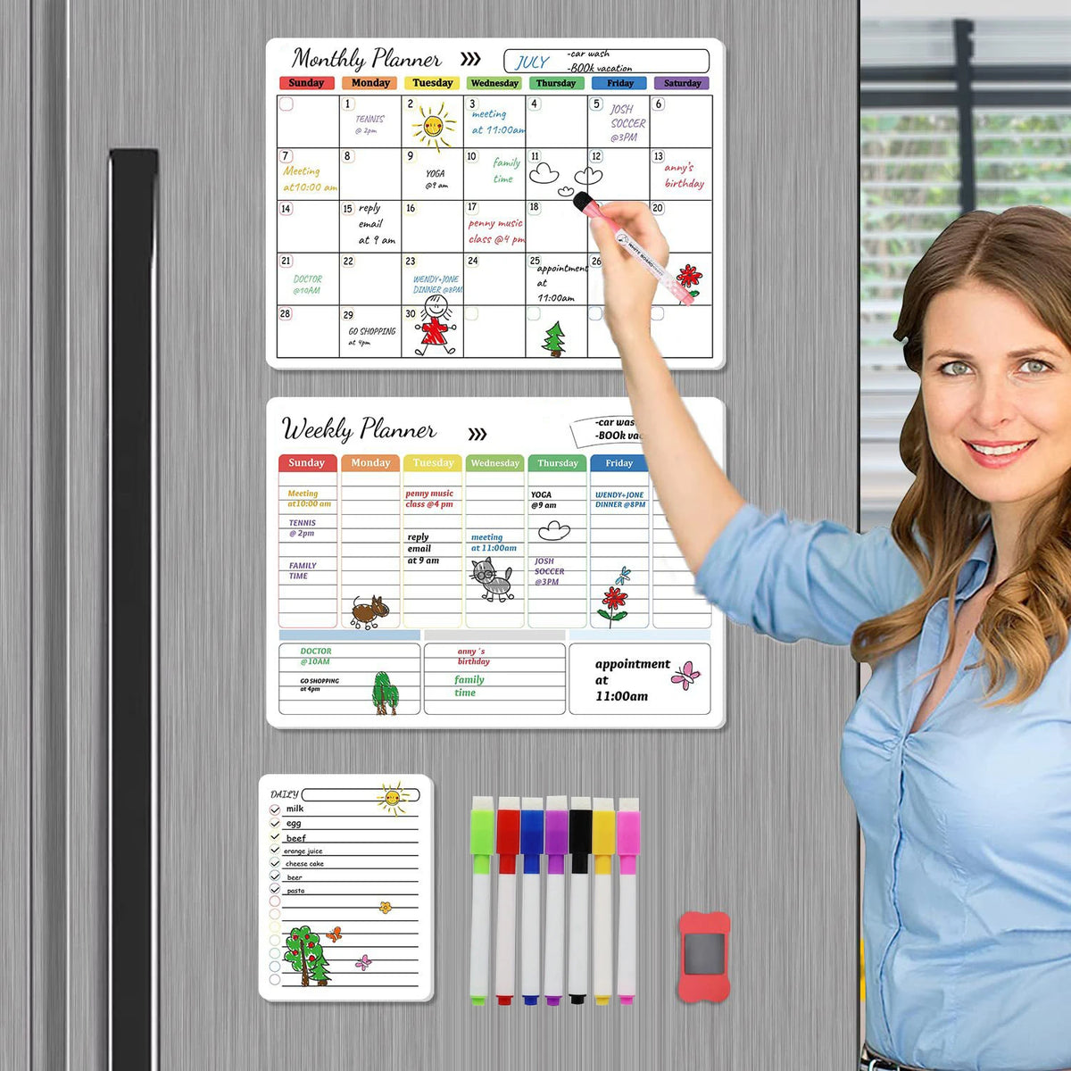 A set of magnetic fridge calendar whiteboard stickers and a marker are displayed in front of a smiling woman.