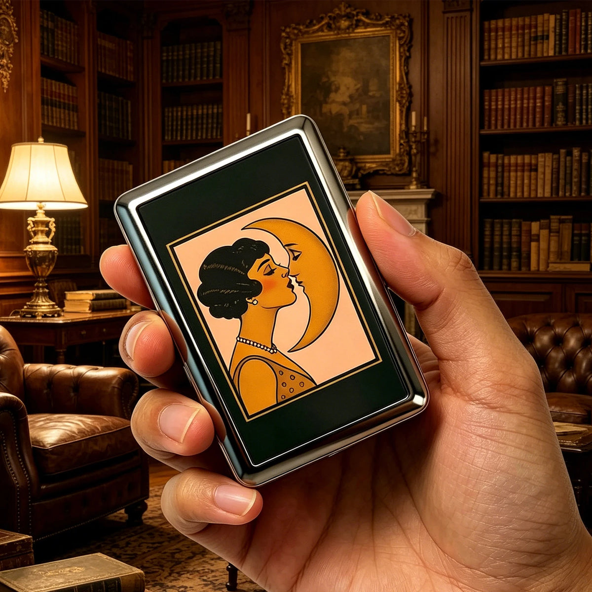 A hand holds a vintage stainless steel card and cash case displaying an orange silhouette of a woman's profile on a yellow ba