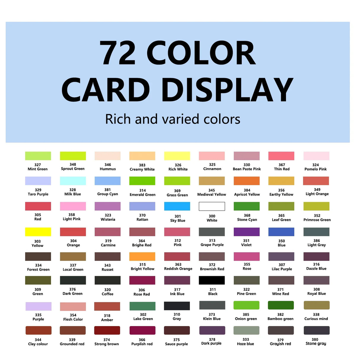 A display of 72 color card sets showing rich and varied colors for art projects