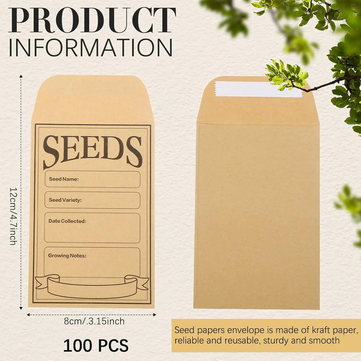 A package of 100 brown seed paper envelopes for collecting and storing seeds.
