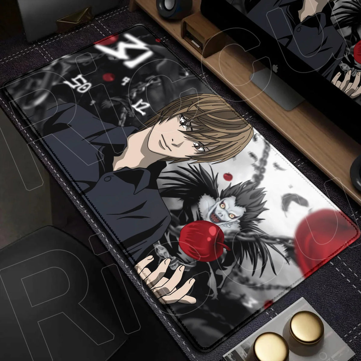 A black mouse pad featuring artwork of a male character and a bird on a white background.