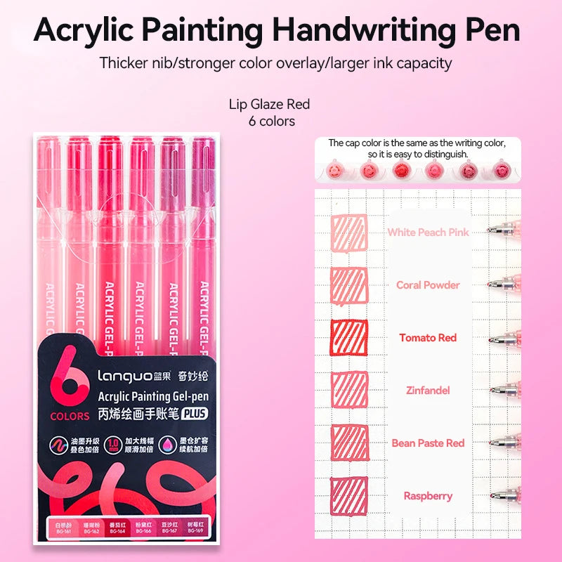 A set of six colored acrylic painting handwriting pens with thick nibs and a transparent color overlay.