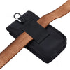 Black multilayer card slot phone pouch with brown strap and metal clip