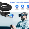 D-Sunty Cat 8 Nylon Braided Ethernet Cable with gold-plated RJ45 connectors shown next to a man using a VR headset.