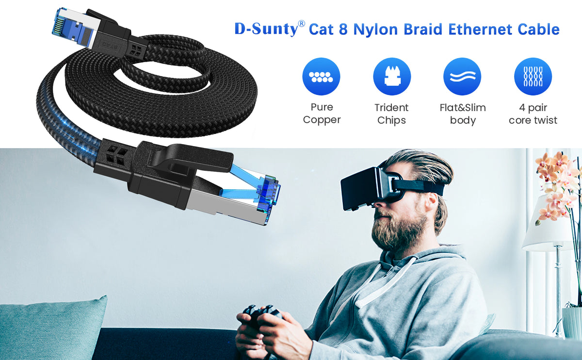 D-Sunty Cat 8 Nylon Braided Ethernet Cable with gold-plated RJ45 connectors shown next to a man using a VR headset.