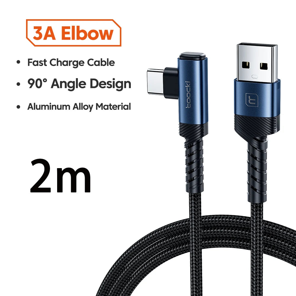 A black 2m USB-C fast charging cable with a 90 degree elbow design and aluminum alloy material.