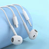 A pair of white Type-C wired in-ear earphones with a visible connector and a standalone earbud resting on a light blue surfac