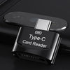 A black Type-C card reader device is shown resting on a dark surface next to a smartphone module.