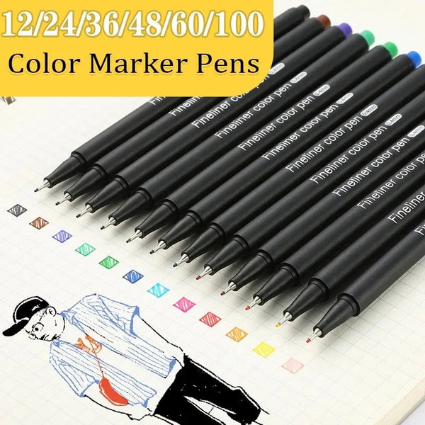 A set of black fine line marker pens with various color options laid out on a lined paper.