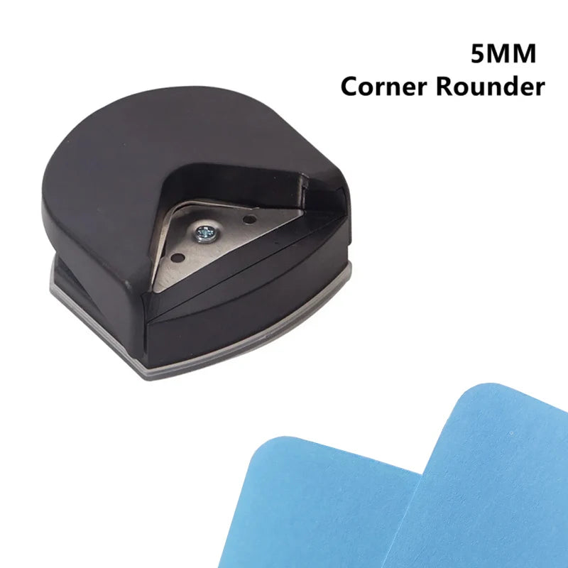 A black 5MM corner rounder tool with a pointed tip is shown next to blue crafting material.