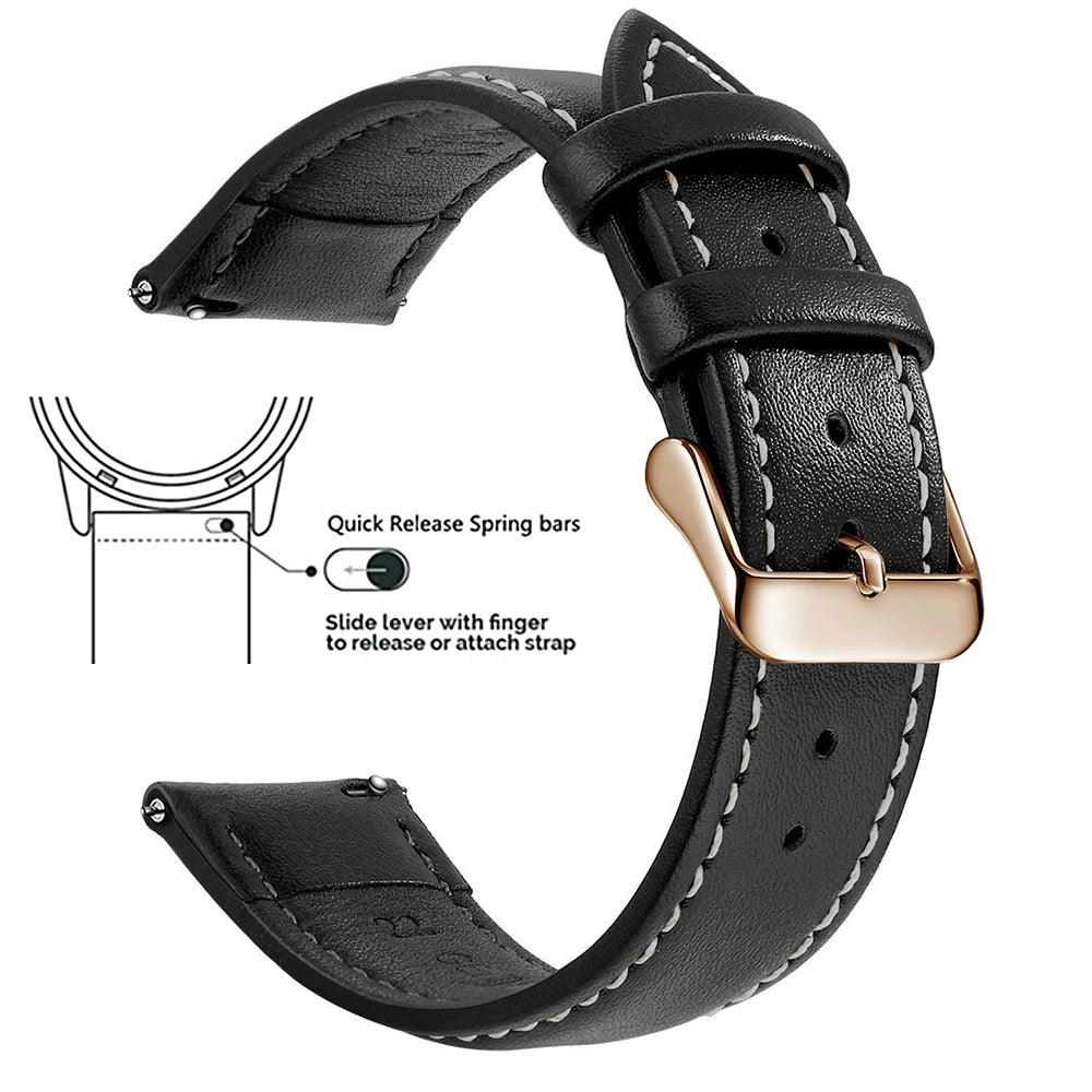 Black genuine leather watch band with quick release spring bars and buckle shown from the side.