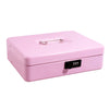 A pink secure metal money box with a silver latch and lock.