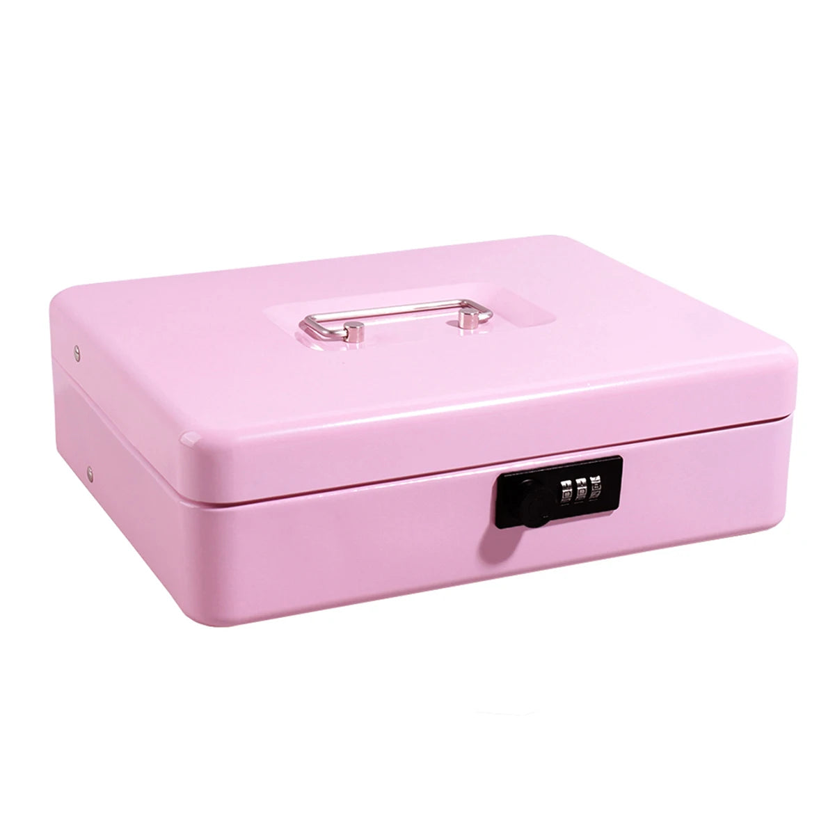 A pink secure metal money box with a silver latch and lock.
