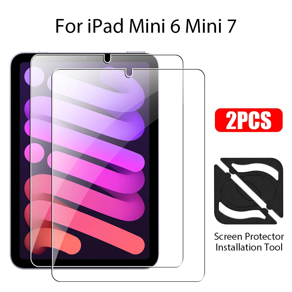 Two clear tempered glass screen protectors and an installation tool for iPad Mini 6 Mini 7