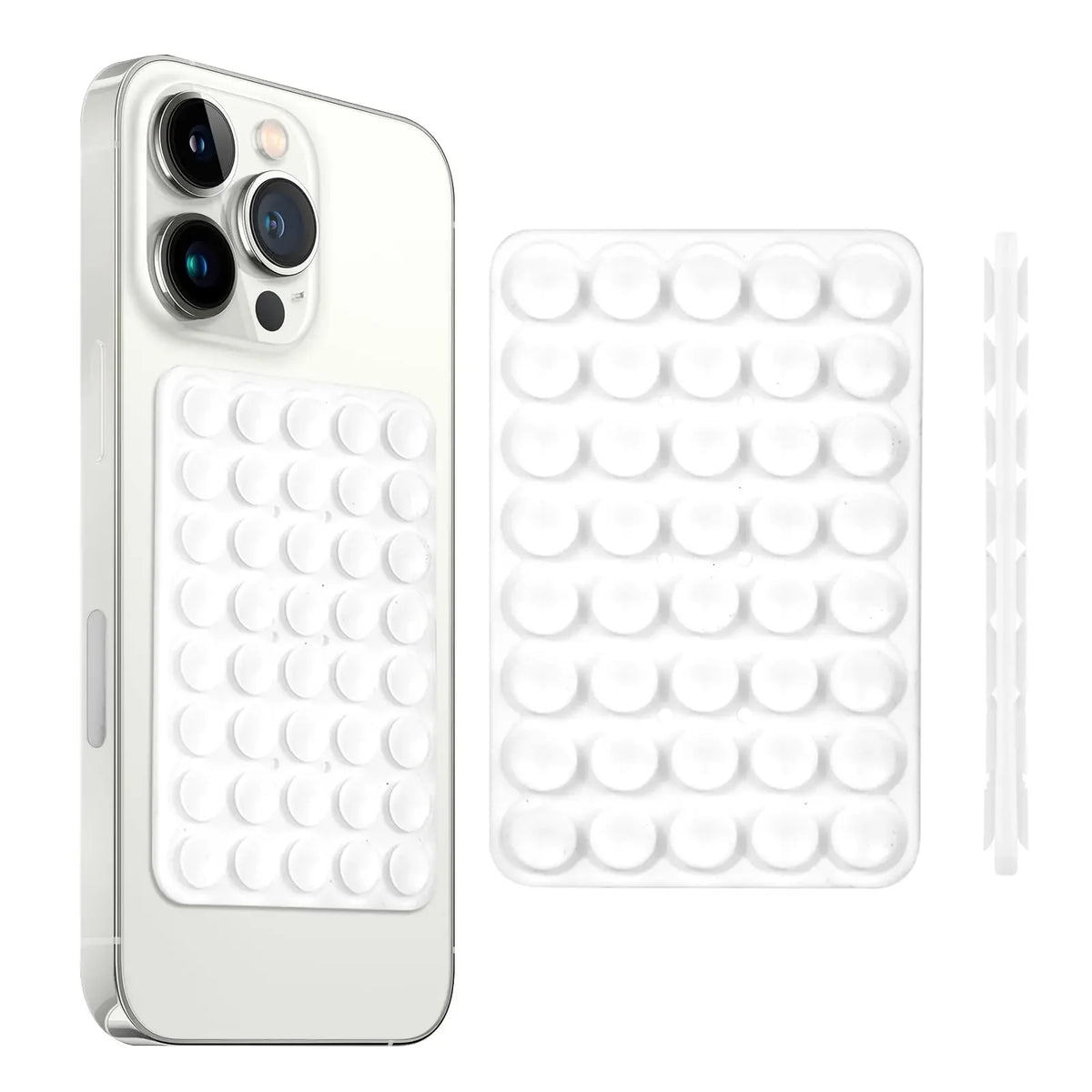Una funda de teléfono blanca y un soporte de ventosa doble para smartphone.