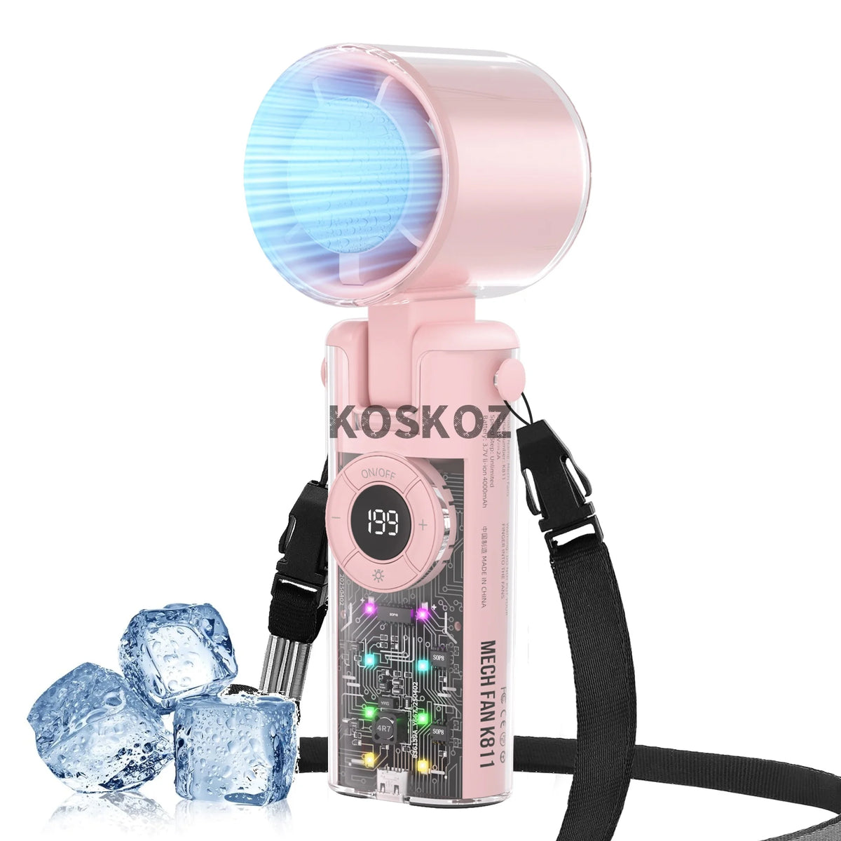 A pink portable handheld mini fan with a blue light and cold compress feature is shown against a white background.