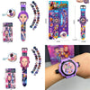 A colorful 3D projection anime wrist watch for kids displayed alongside its packaging and a hand wearing the device.