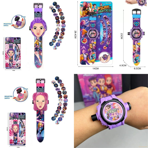 A colorful 3D projection anime wrist watch for kids displayed alongside its packaging and a hand wearing the device.