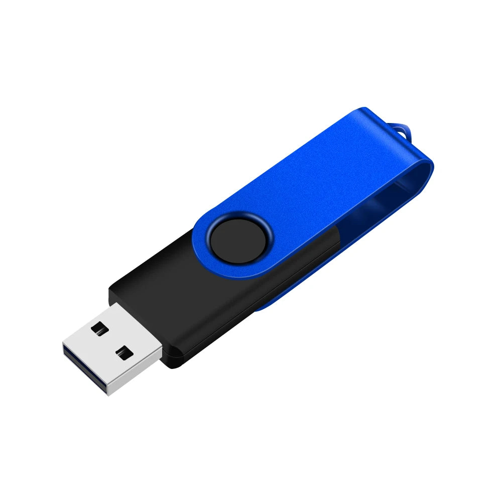A blue rotatable USB flash drive with a black metal connector and a silver USB plug.