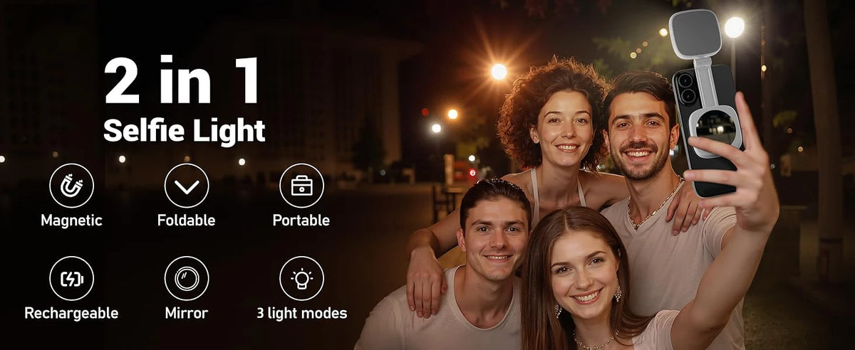 Ein Paar hält ein 2-in-1 Selfie-Light-Produkt, das seine Funktionen wie magnetisch, faltbar und wiederaufladbar zeigt.