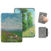 A premium leather case for a Kindle Paperwhite shows the device in a green and blue landscape.