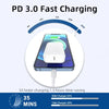 A white PD 3.0 fast charging brick is shown connected to a smartphone for fast charging.