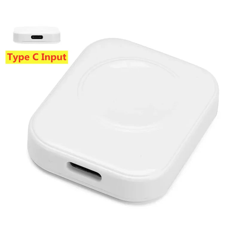 A white magnetic wireless charger with a Type C input port.