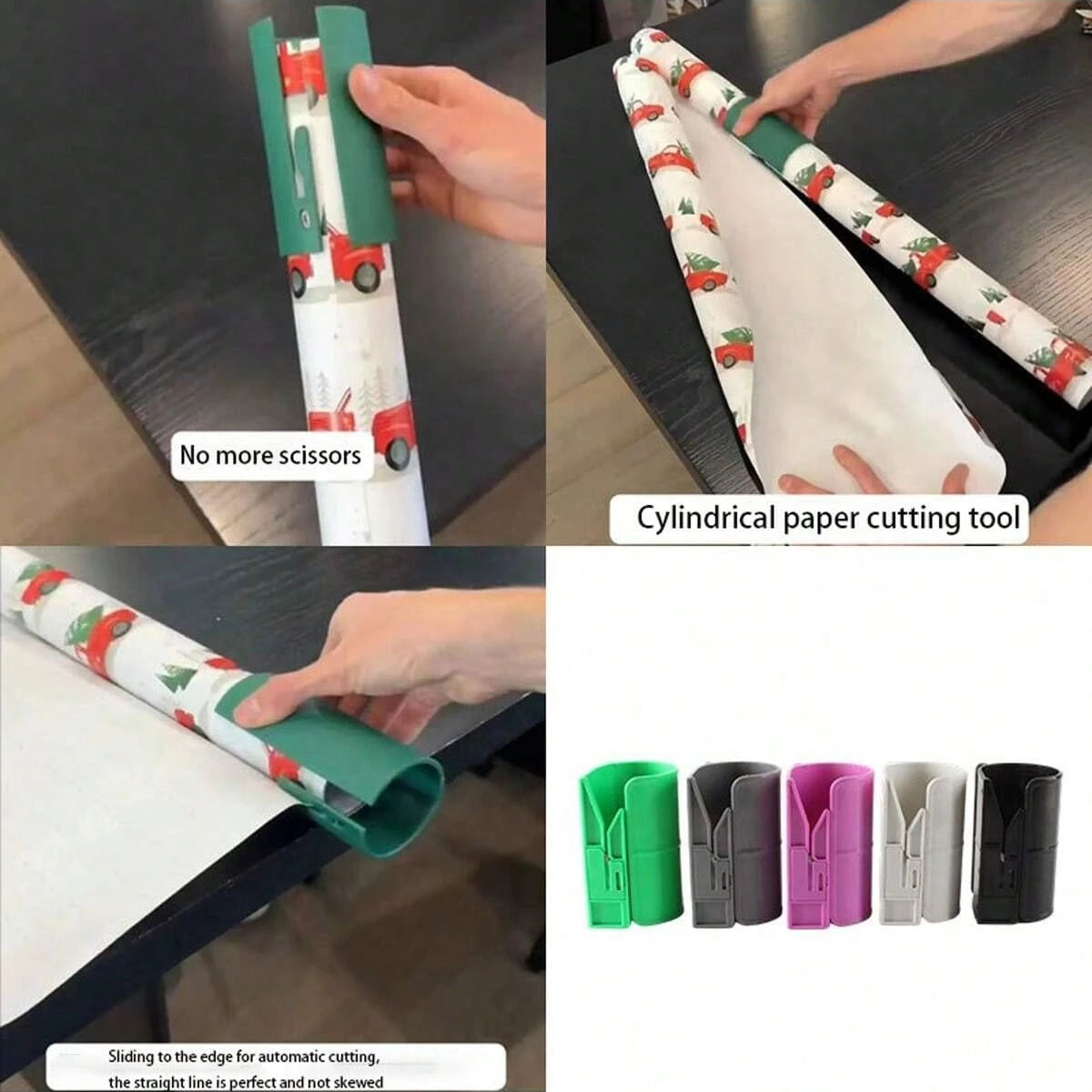 A hand is shown using a cylindrical paper cutting tool to cut wrapping paper.