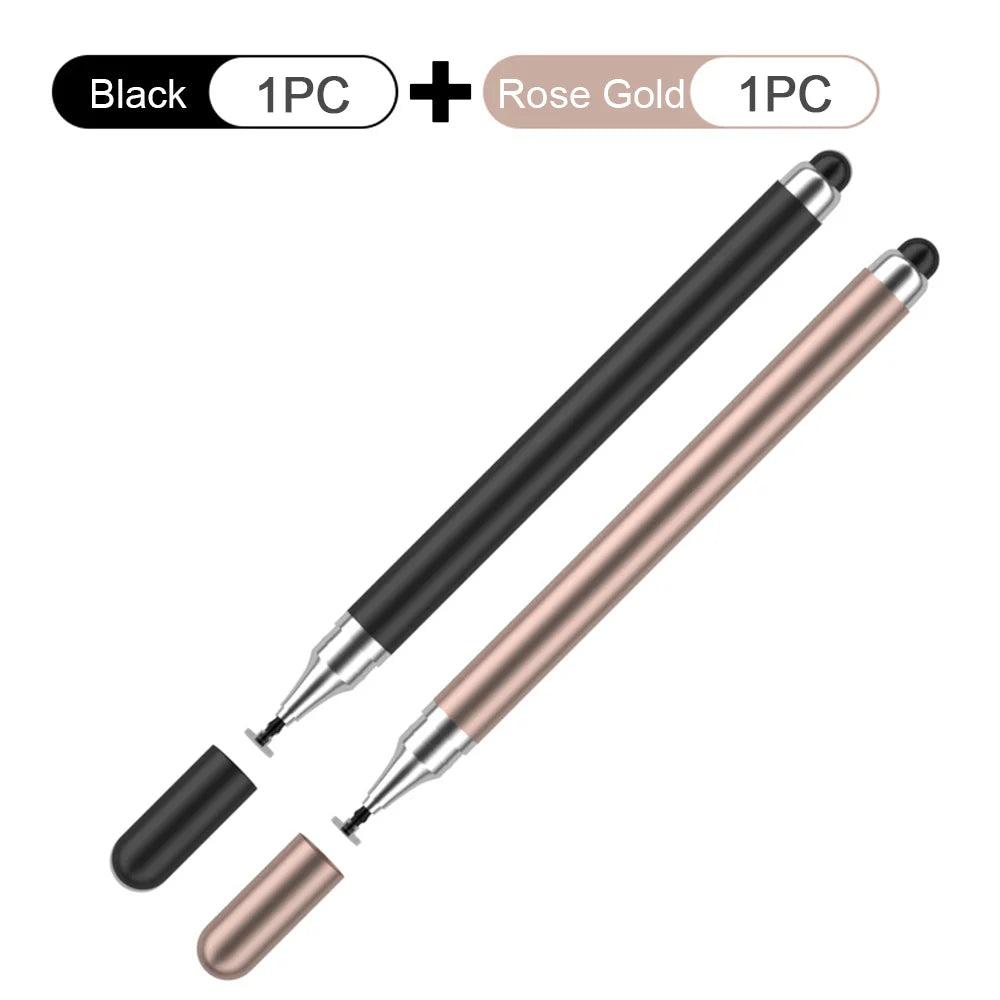 Un juego de dos bolígrafos stylus universales 2 en 1, uno negro y otro oro rosa, mostrados en diagonal.